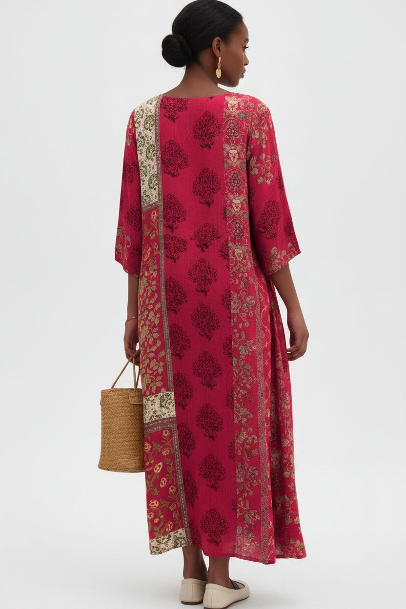 Robe longue femme imprimé ethnique manches 3/4 rose | ROBEMODE
