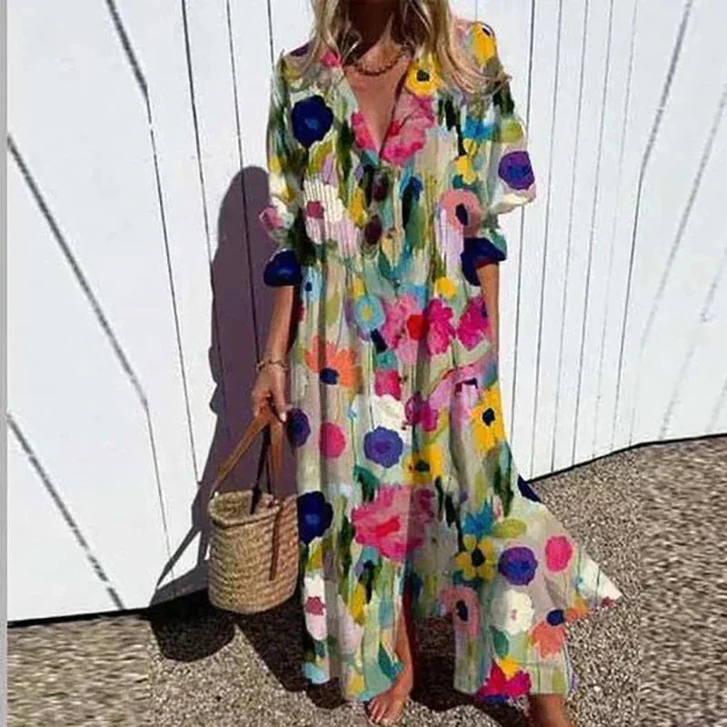 Robe longue femme imprimé floral col V manches mi-longues | Coupe féminine + Style élégant + Facile à accessoiriser – ROBEMODE