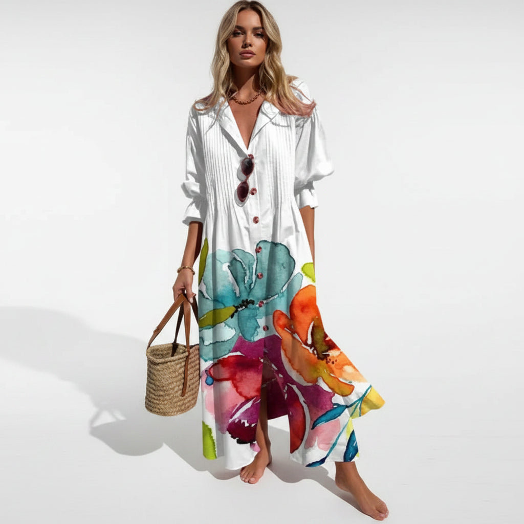 Robe longue femme imprimé floral col V manches mi-longues | Coupe féminine + Style élégant + Facile à accessoiriser – ROBEMODE