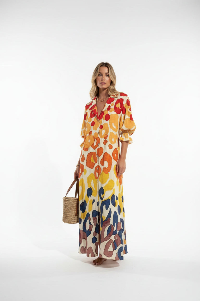Robe longue femme imprimé floral col V manches mi-longues | Coupe féminine + Style élégant + Facile à accessoiriser – ROBEMODE