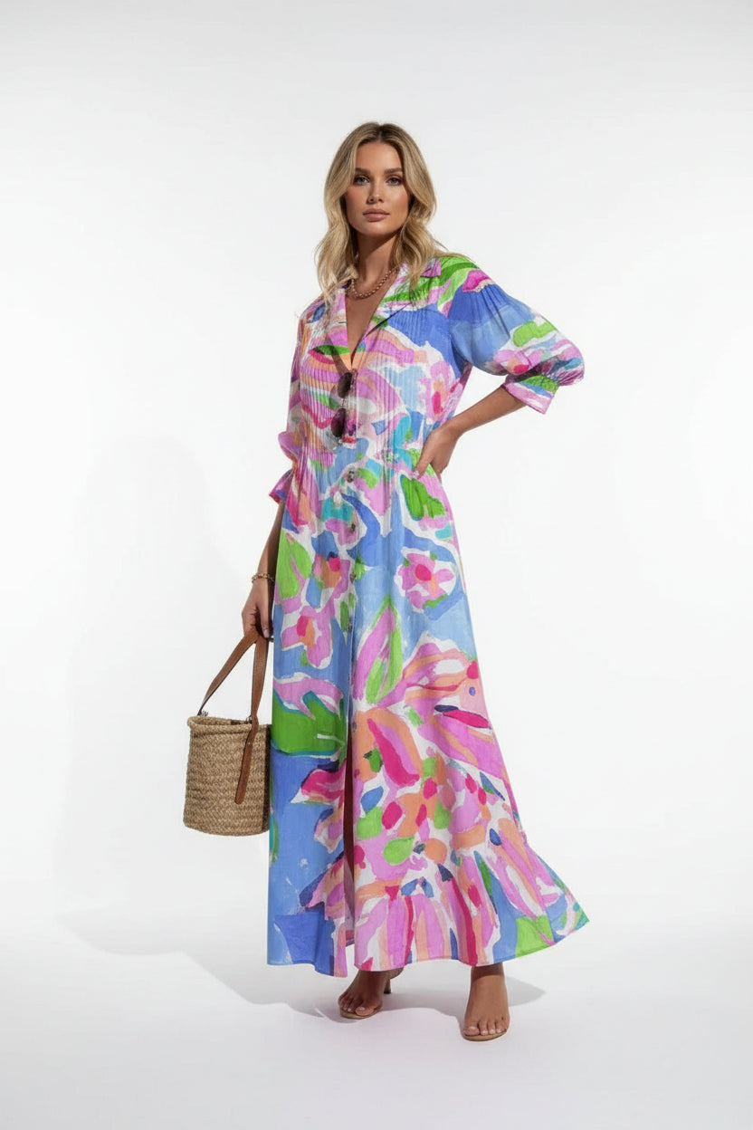 Robe longue femme imprimé floral col V manches mi-longues | Coupe féminine + Style élégant + Facile à accessoiriser – ROBEMODE