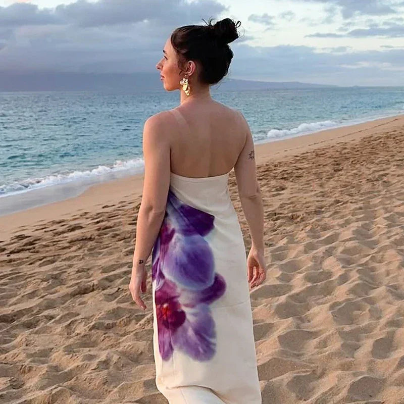 Robe longue femme imprimé floral violet sans bretelles | Coupe féminine + Style élégant + Facile à accessoiriser – ROBEMODE