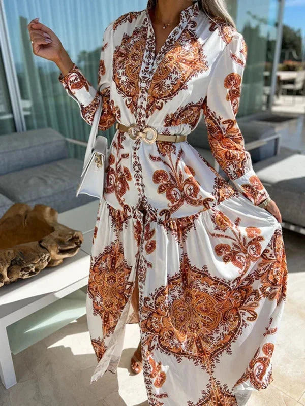 Robe longue femme imprimée avec fente haute et col V | ROBEMODE
