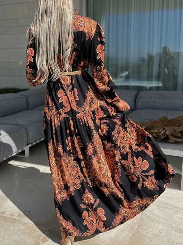 Robe longue femme imprimée avec fente haute et col V | ROBEMODE