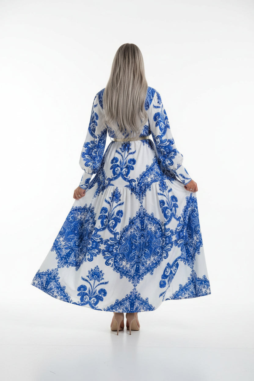 Robe longue femme imprimée avec fente haute et col V | ROBEMODE