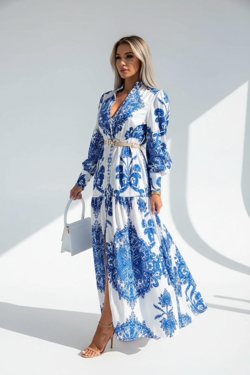 Robe longue femme imprimée avec fente haute et col V | ROBEMODE