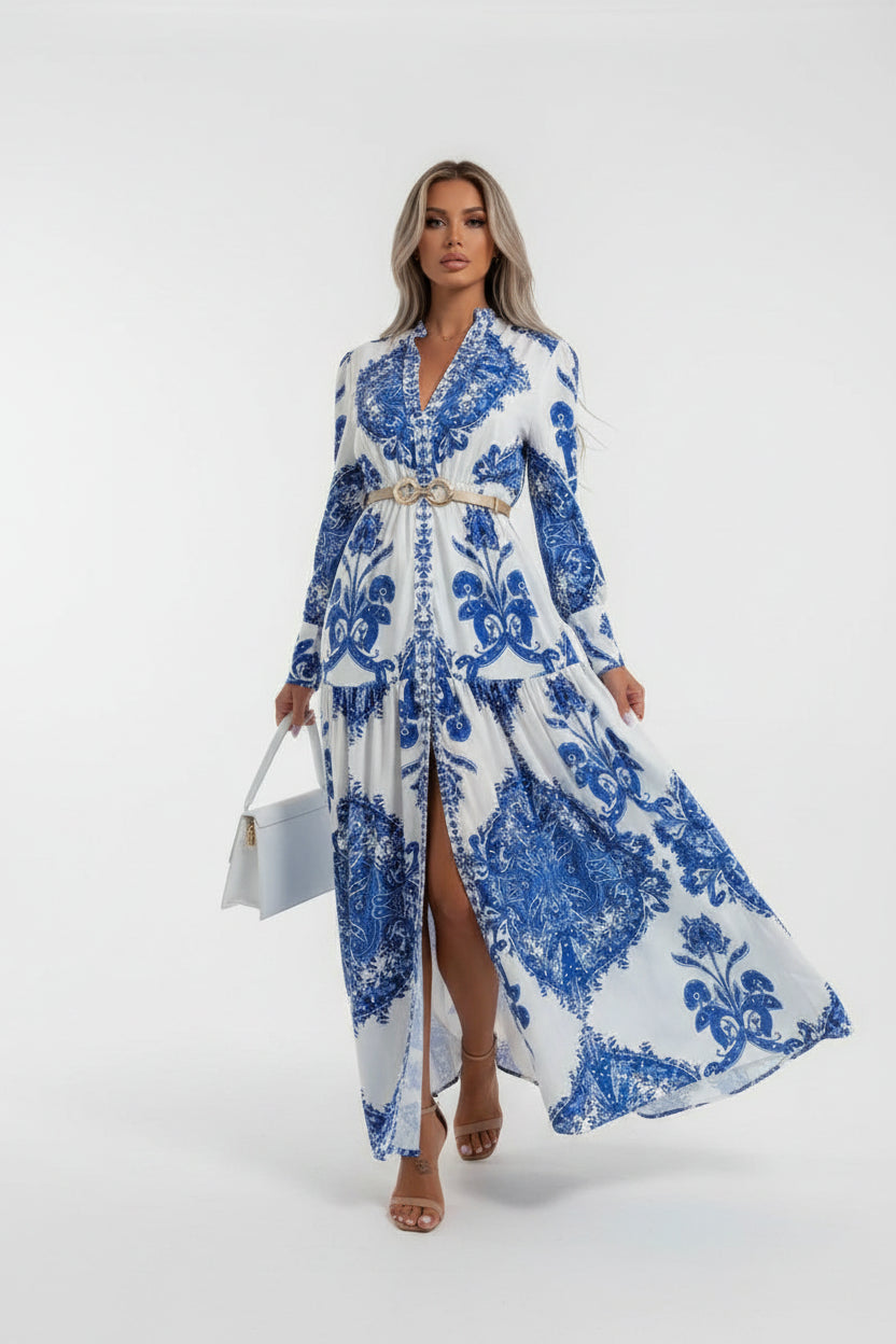 Robe longue femme imprimée avec fente haute et col V | ROBEMODE