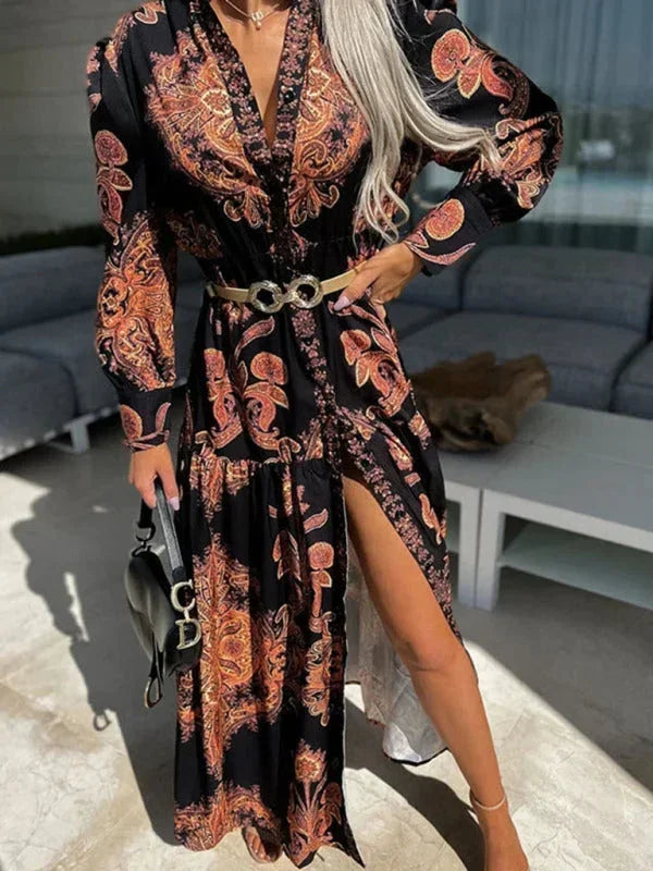 Robe longue femme imprimée avec fente haute et col V | ROBEMODE