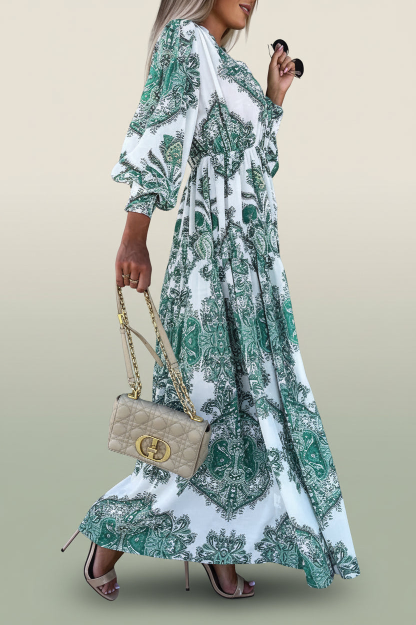 Robe longue femme imprimée avec fente haute et col V | ROBEMODE