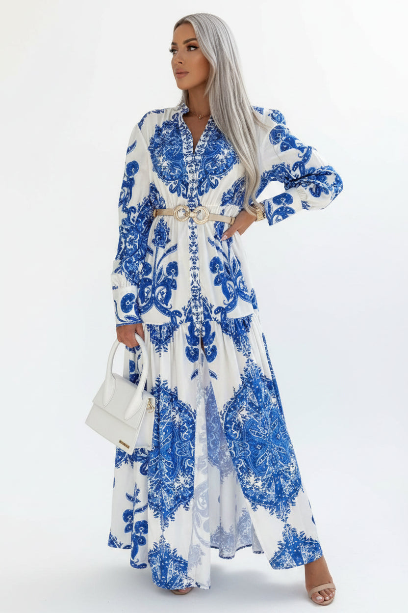 Robe longue femme imprimée avec fente haute et col V | ROBEMODE