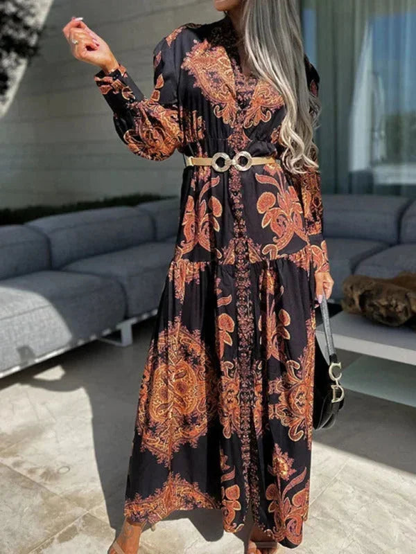 Robe longue femme imprimée avec fente haute et col V | ROBEMODE