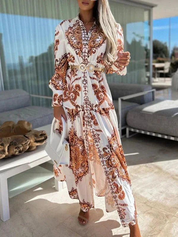 Robe longue femme imprimée avec fente haute et col V | ROBEMODE
