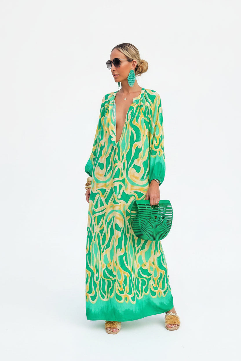 Robe longue femme imprimée avec manches longues et col V | ROBEMODE