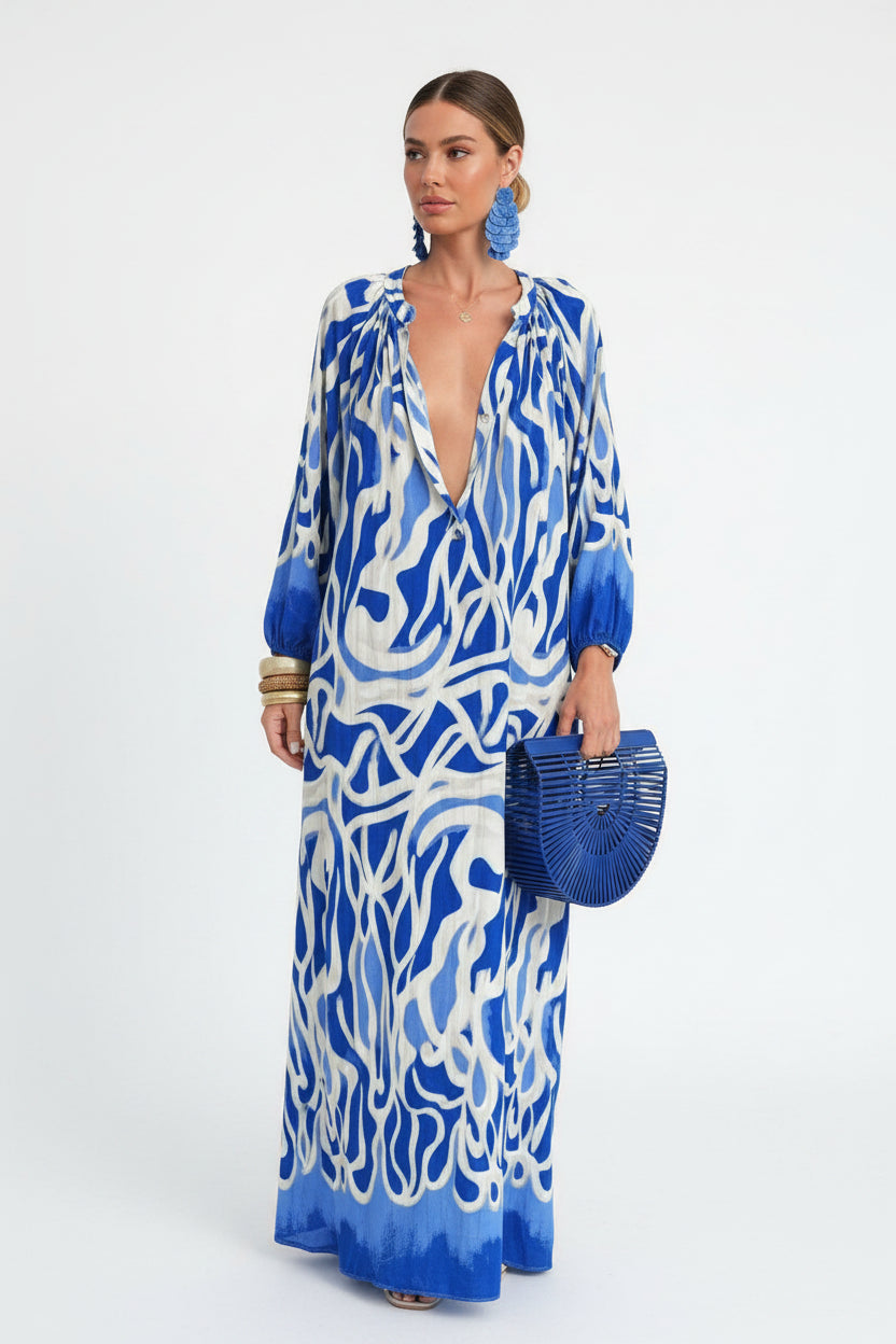 Robe longue femme imprimée avec manches longues et col V | ROBEMODE