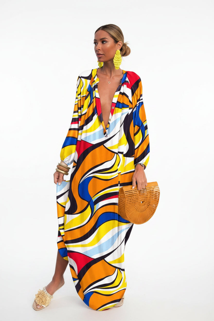 Robe longue femme imprimée avec manches longues et col V | ROBEMODE