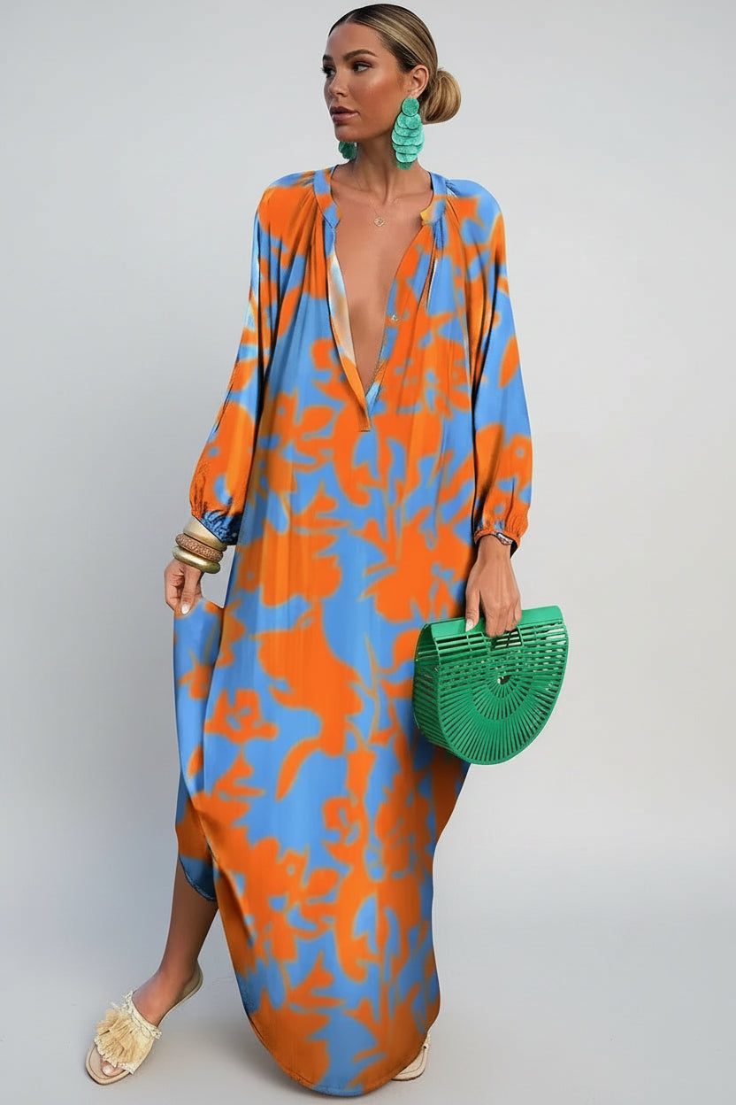 Robe longue femme imprimée avec manches longues et col V | ROBEMODE