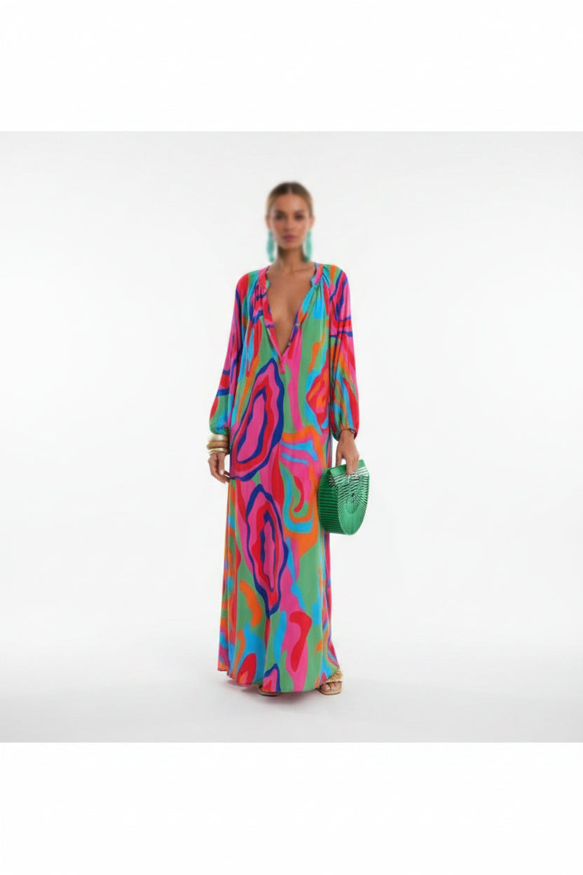 Robe longue femme imprimée avec manches longues et col V | ROBEMODE