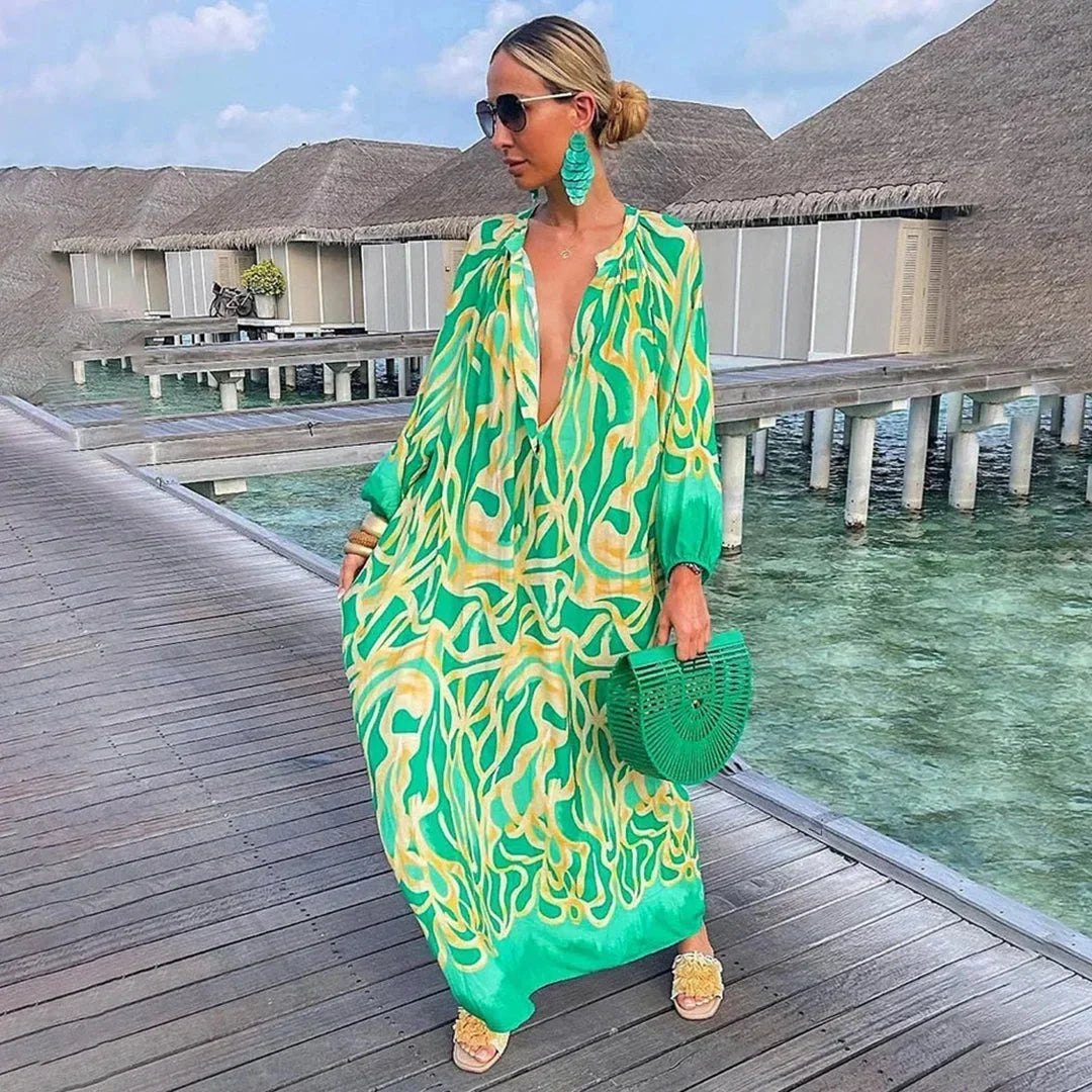 Robe longue femme imprimée avec manches longues et col V | ROBEMODE
