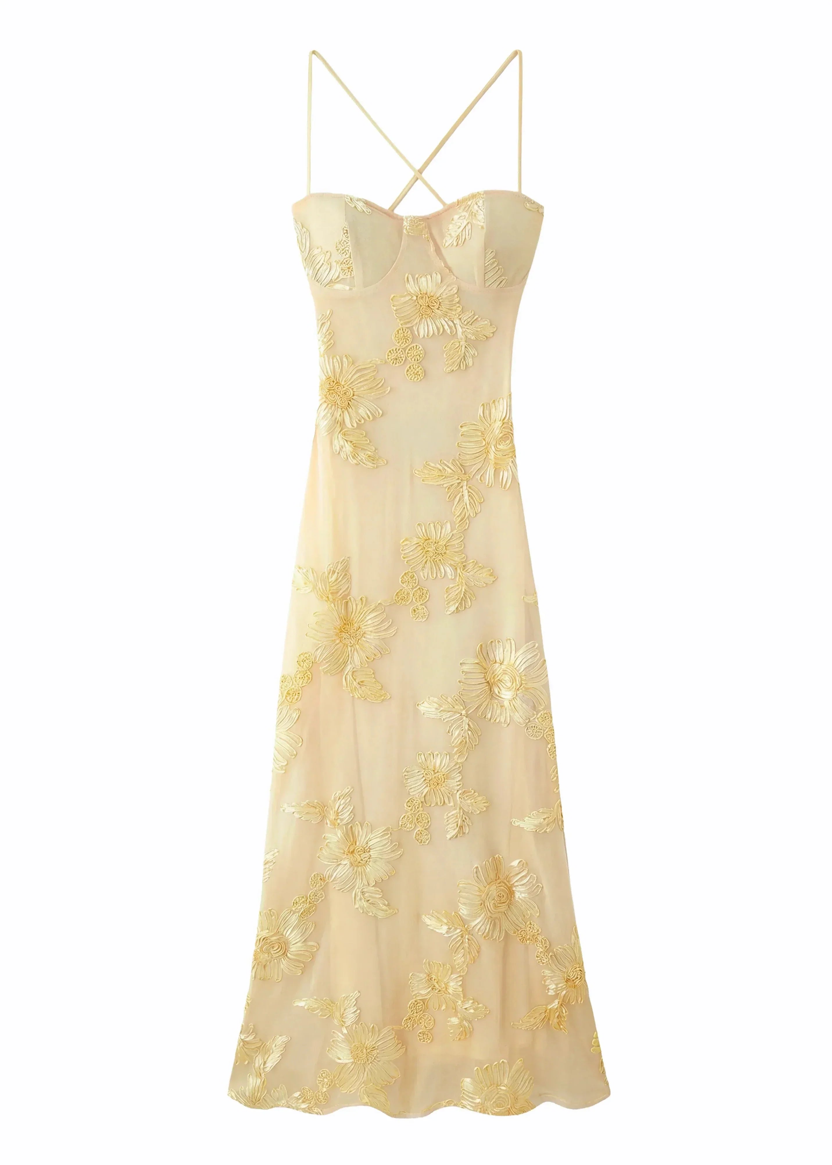 Robe longue femme jaune broderie florale | Coupe féminine + Style élégant + Facile à accessoiriser – ROBEMODE