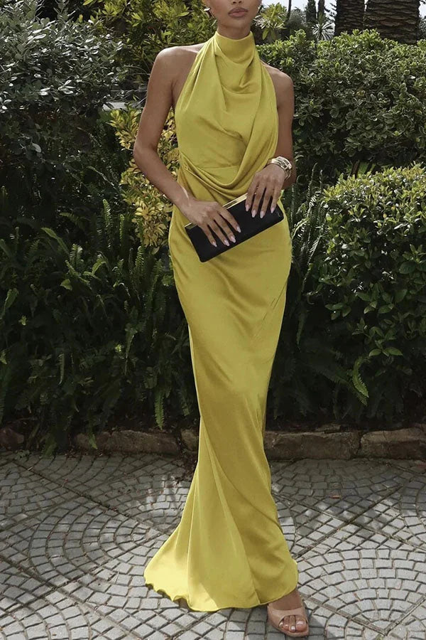 Robe longue femme jaune citron avec col drapé | Coupe féminine + Style élégant + Facile à accessoiriser – ROBEMODE