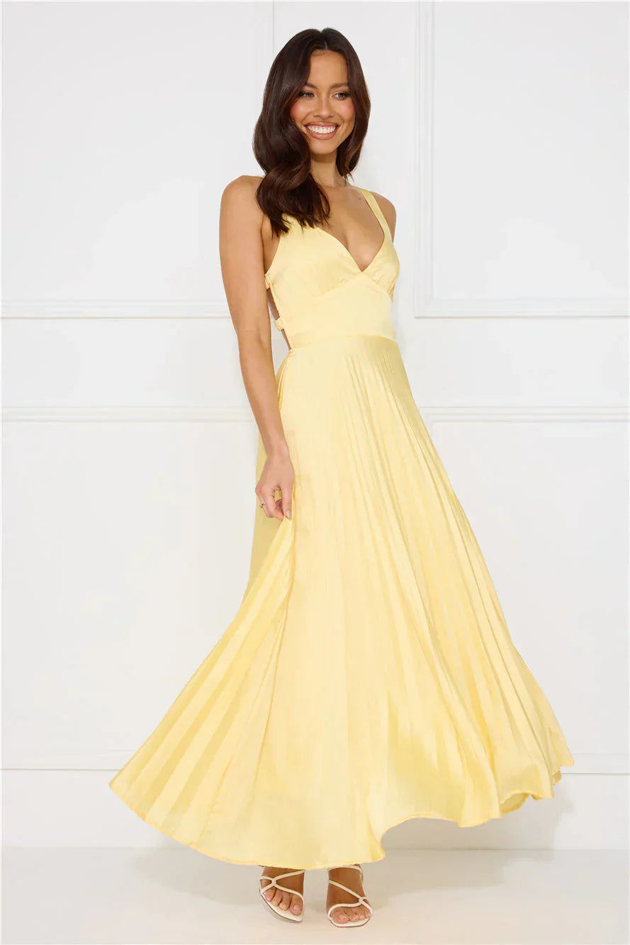 Robe longue femme jaune plissee | Coupe féminine + Style élégant + Facile à accessoiriser – ROBEMODE