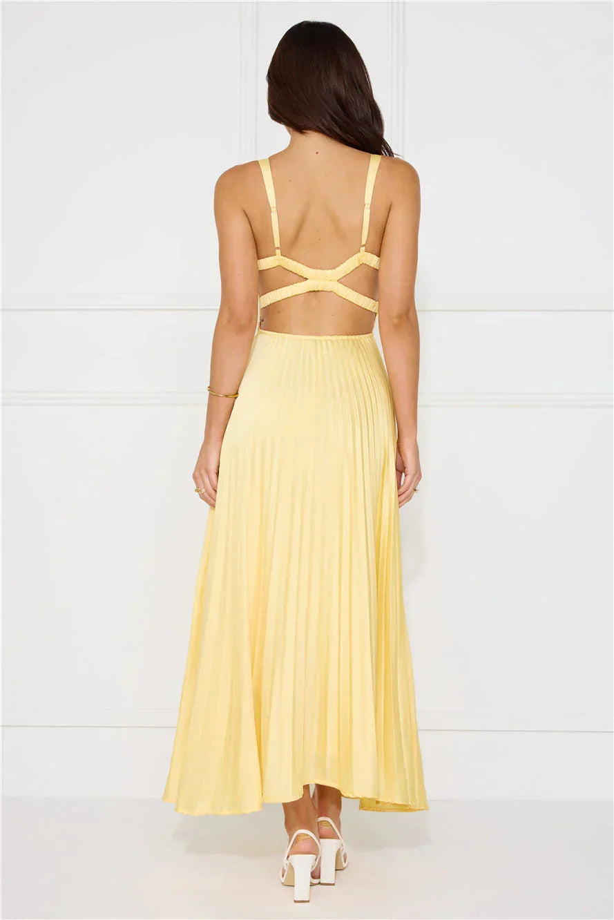 Robe longue femme jaune plissee | Coupe féminine + Style élégant + Facile à accessoiriser – ROBEMODE