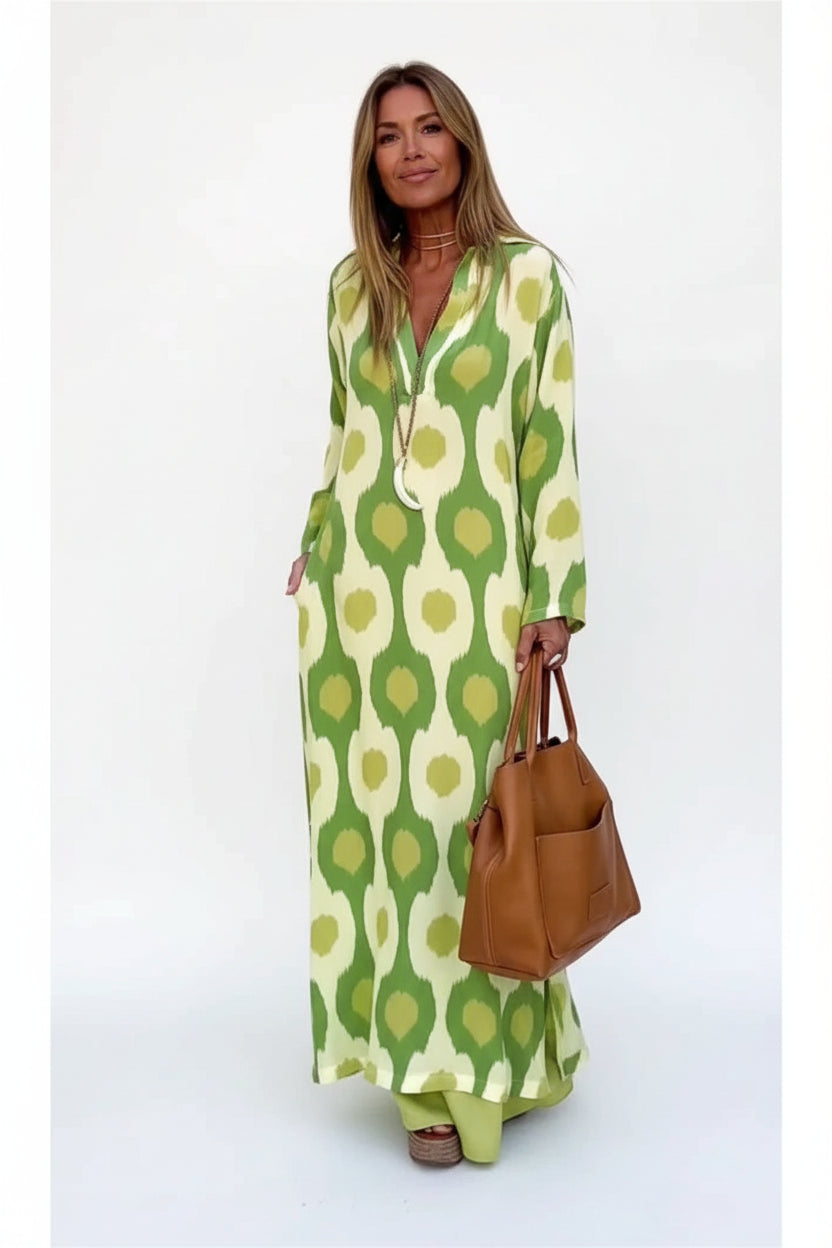 Robe longue femme manches longues imprimé col V fluide | Coupe féminine + Style élégant + Facile à accessoiriser – ROBEMODE