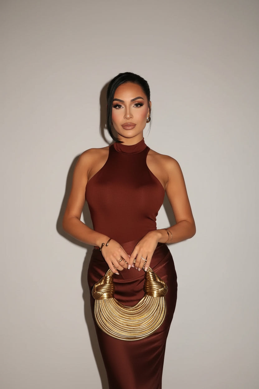 Robe Longue Femme Marron Découpée Soirée Élégante | ROBEMODE