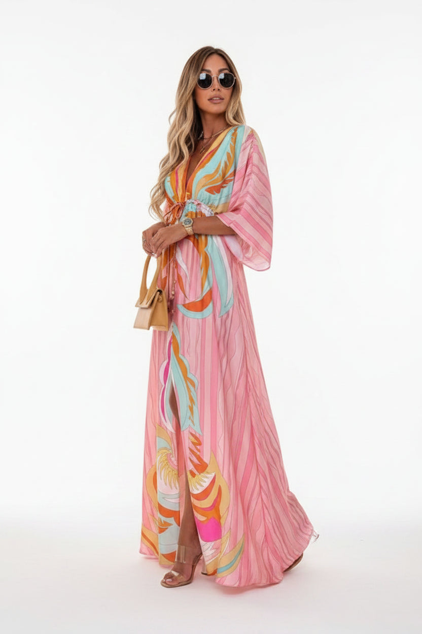 Robe longue femme à motifs avec ceinture et manches longues | Coupe féminine + Style élégant + Facile à accessoiriser – ROBEMODE