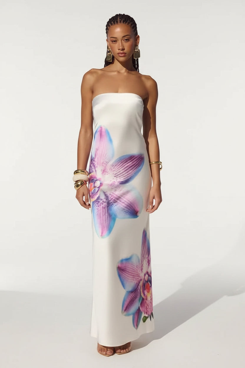 Robe longue femme à motifs floraux avec encolure sans bretelles