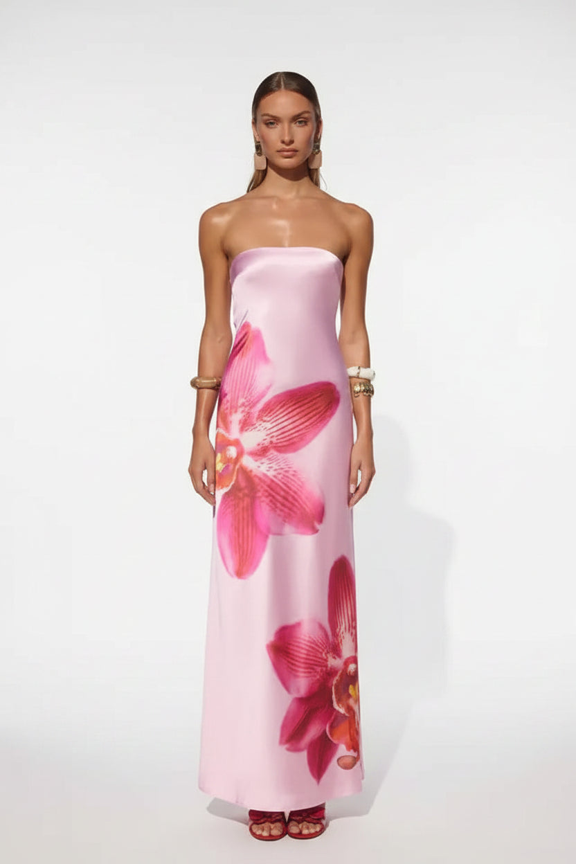 Robe longue femme à motifs floraux avec encolure sans bretelles