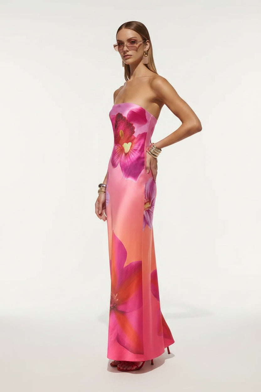 Robe longue femme à motifs floraux avec encolure sans bretelles
