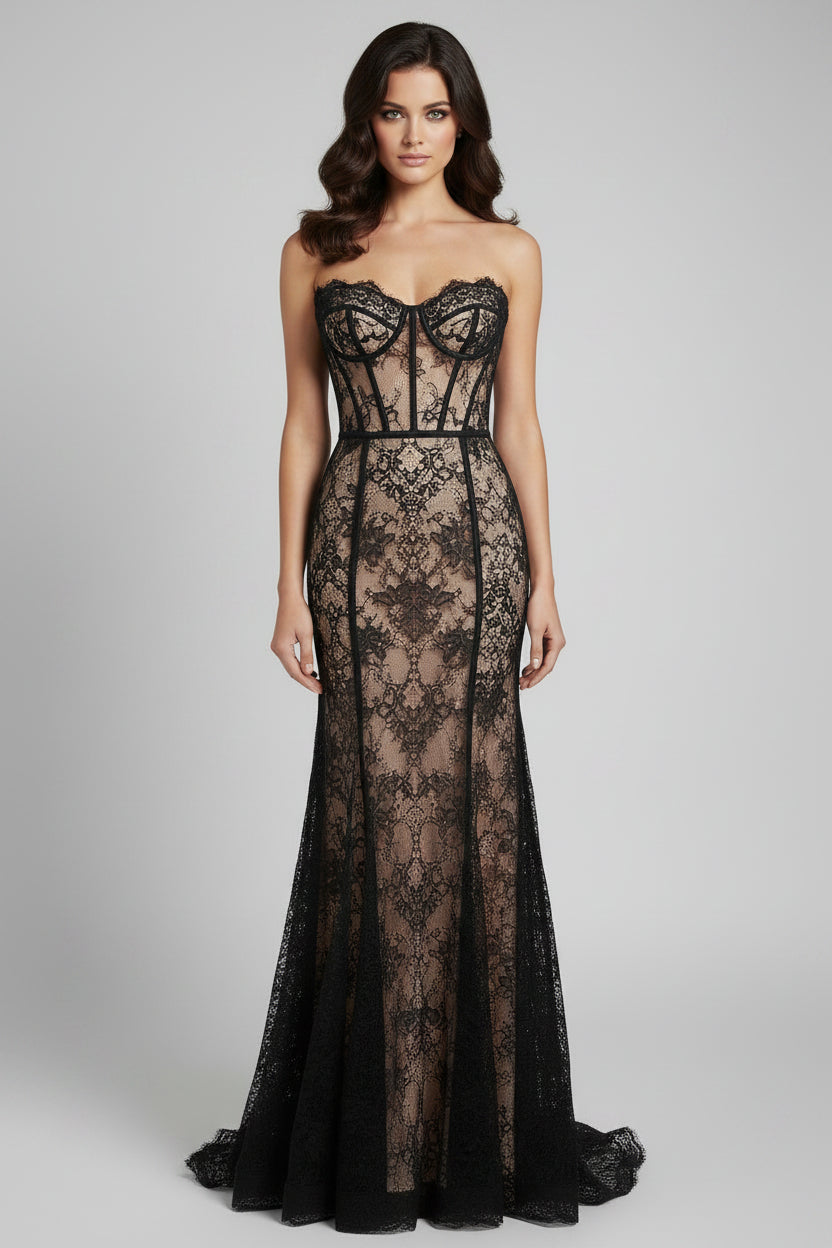 Robe longue noire bustier en dentelle | ROBEMODE