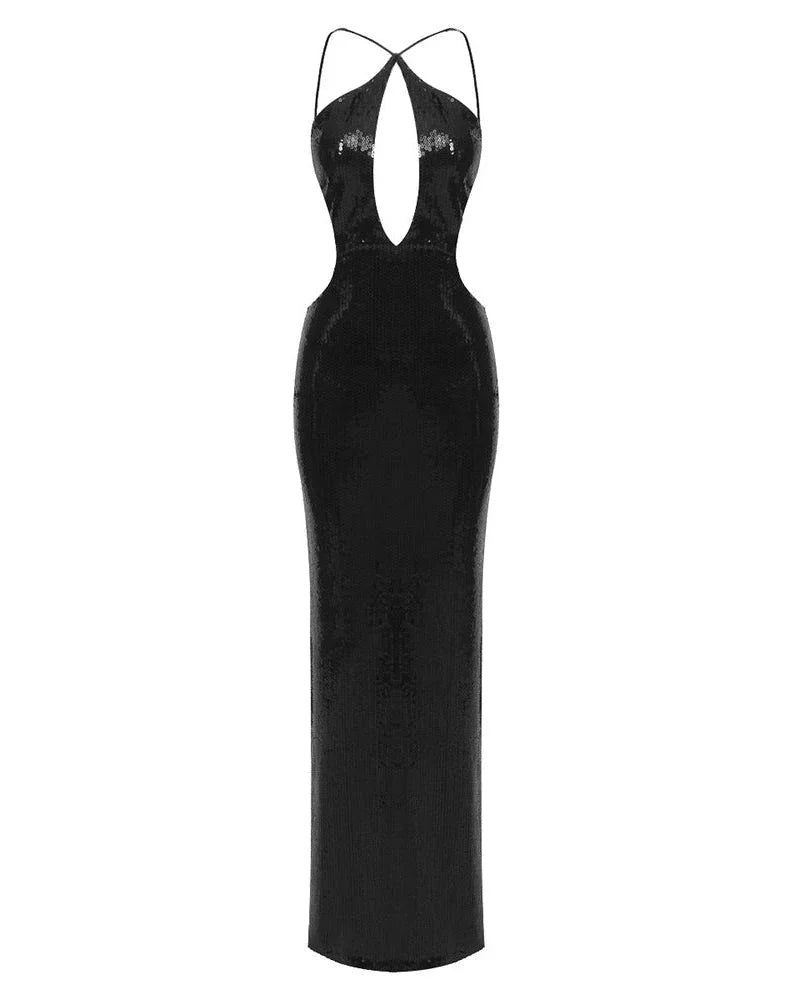 Robe Longue Femme Noire en Sequins Soirée | ROBEMODE