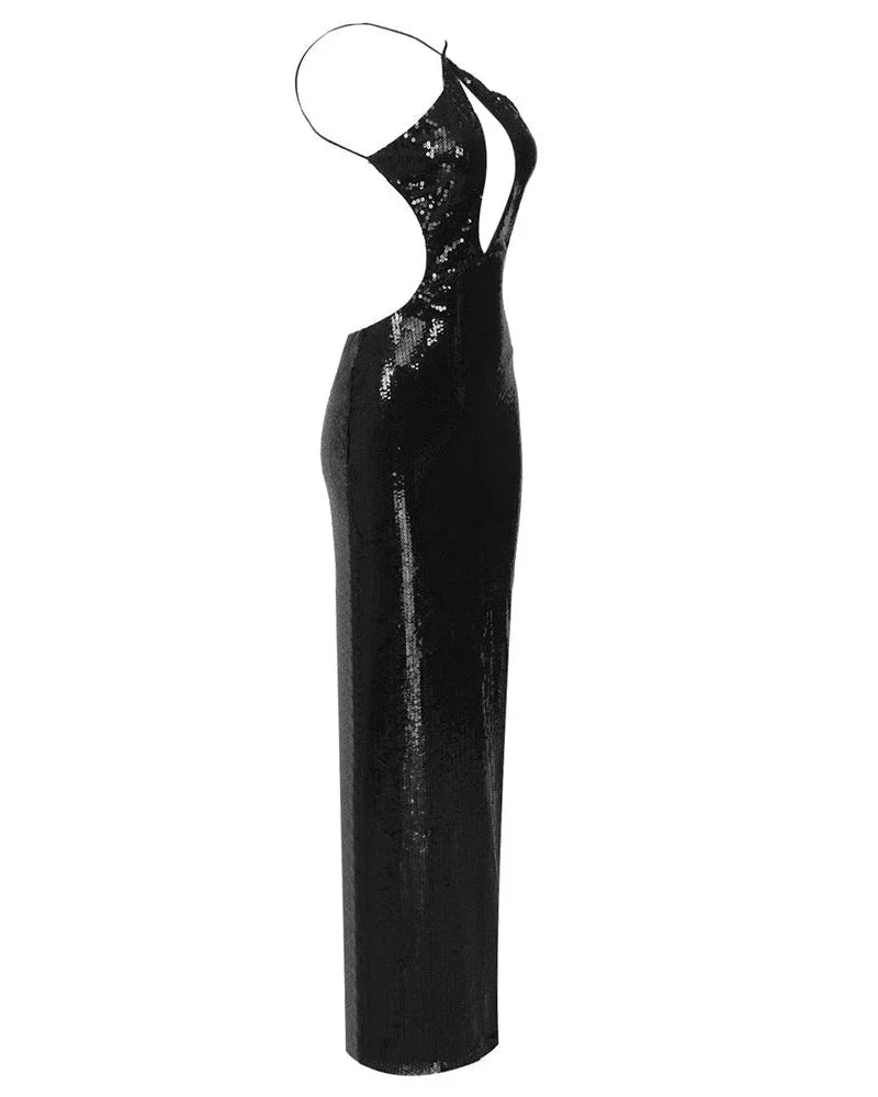 Robe Longue Femme Noire en Sequins Soirée | ROBEMODE