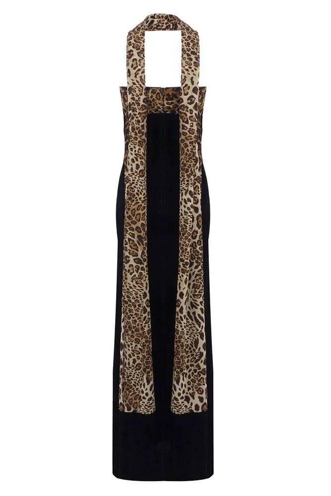 Robe Longue Femme Noire Léopard Sans Manches | ROBEMODE