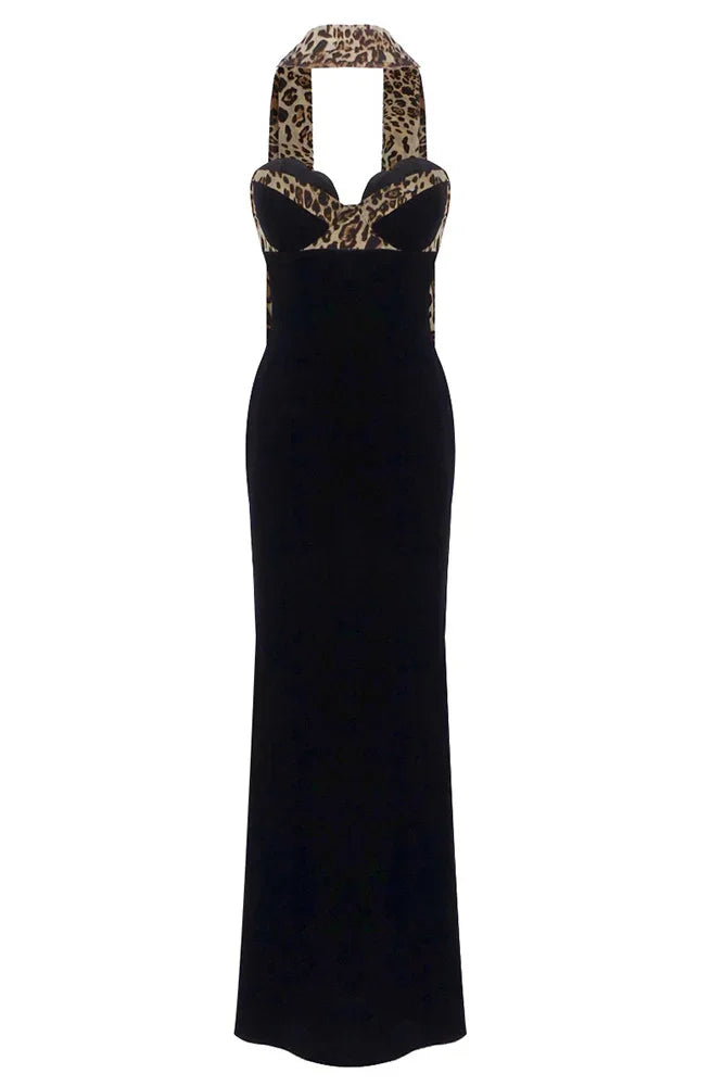 Robe Longue Femme Noire Léopard Sans Manches | ROBEMODE