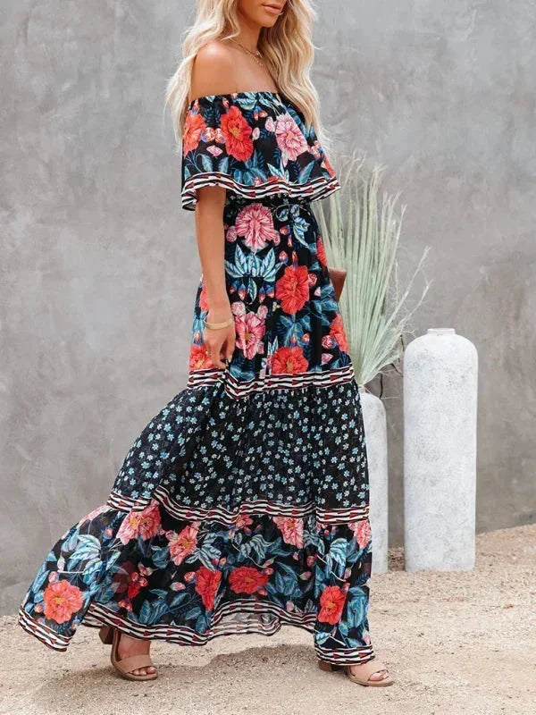 Robe longue femme épaules dénudées avec motifs floraux | Coupe féminine + Style élégant + Facile à accessoiriser – ROBEMODE