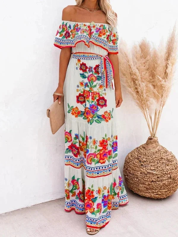Robe longue femme épaules dénudées avec motifs floraux | Coupe féminine + Style élégant + Facile à accessoiriser – ROBEMODE