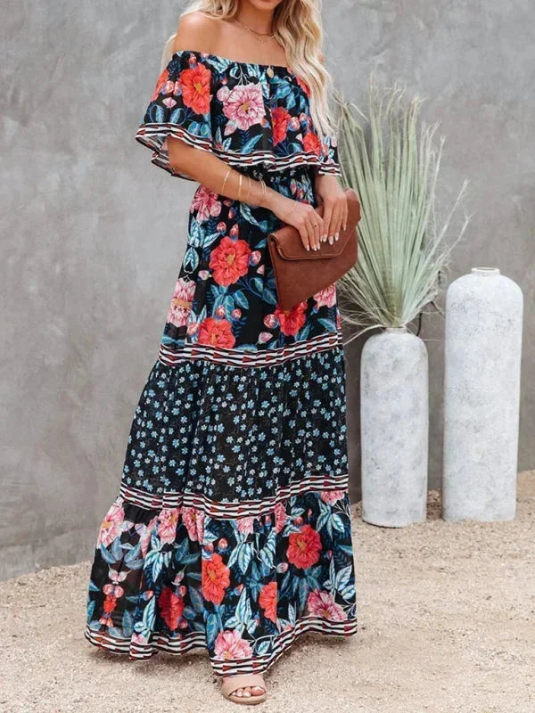 Robe longue femme épaules dénudées avec motifs floraux | Coupe féminine + Style élégant + Facile à accessoiriser – ROBEMODE
