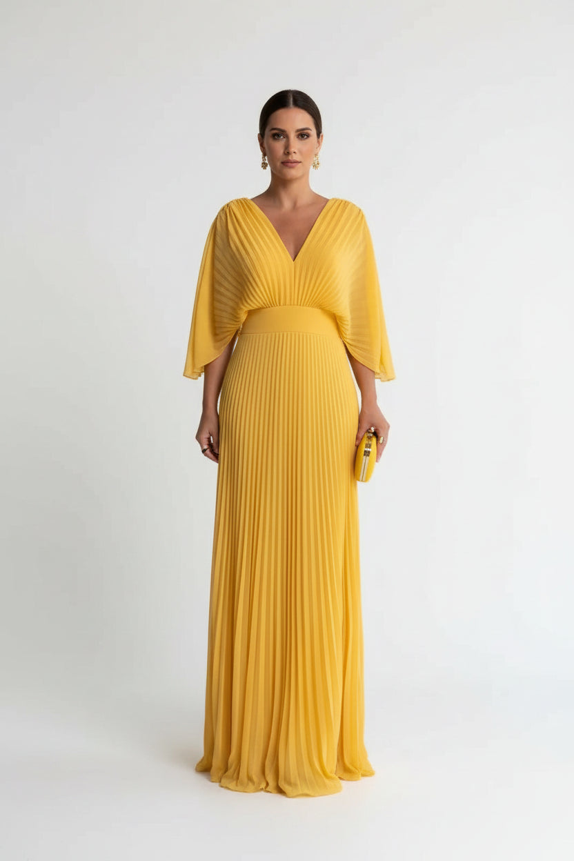 Robe Longue Plissée Col V Manches 3/4 5 Coloris Grande Taille | ROBEMODE