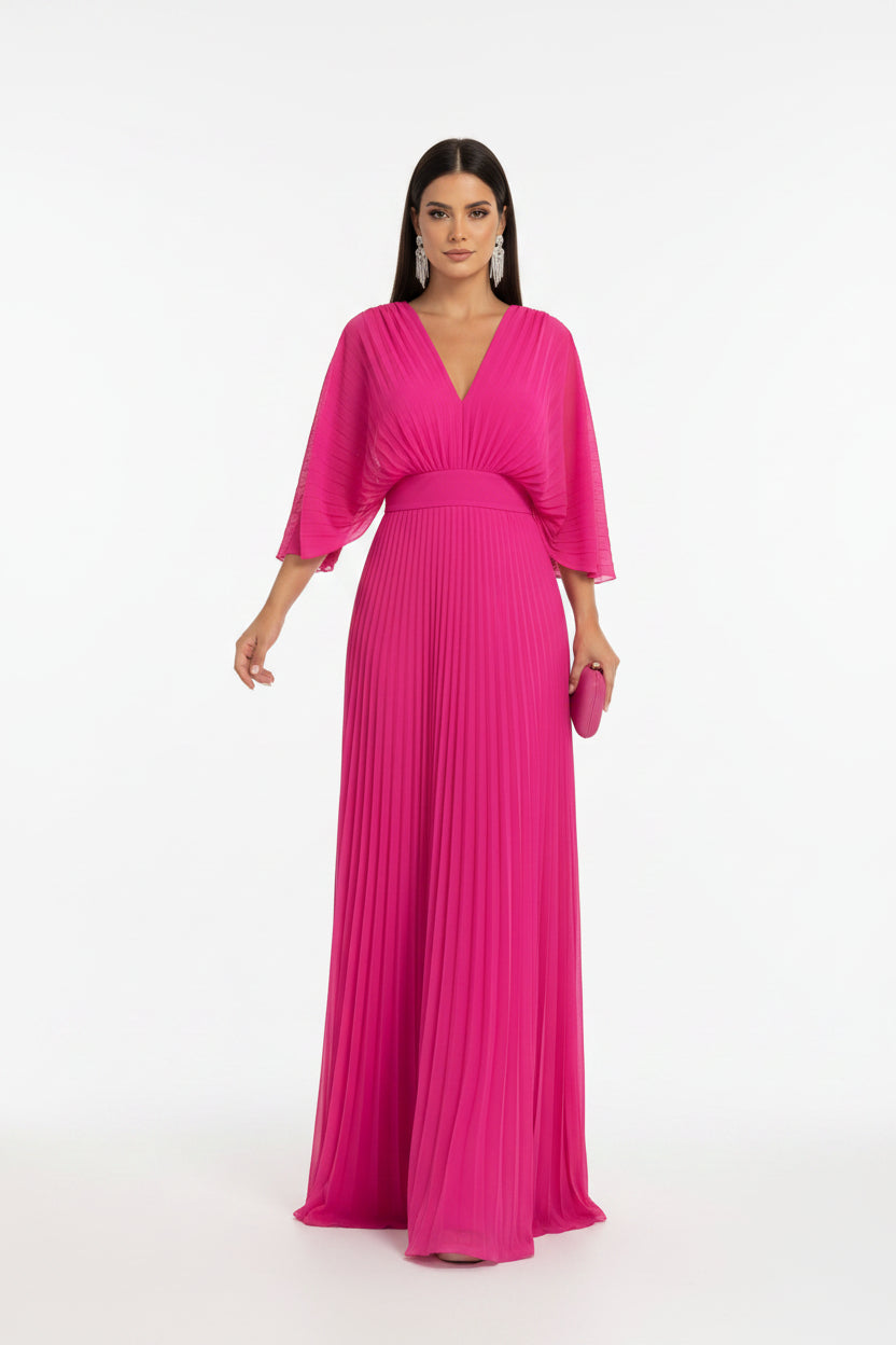 Robe Longue Plissée Col V Manches 3/4 5 Coloris Grande Taille | ROBEMODE