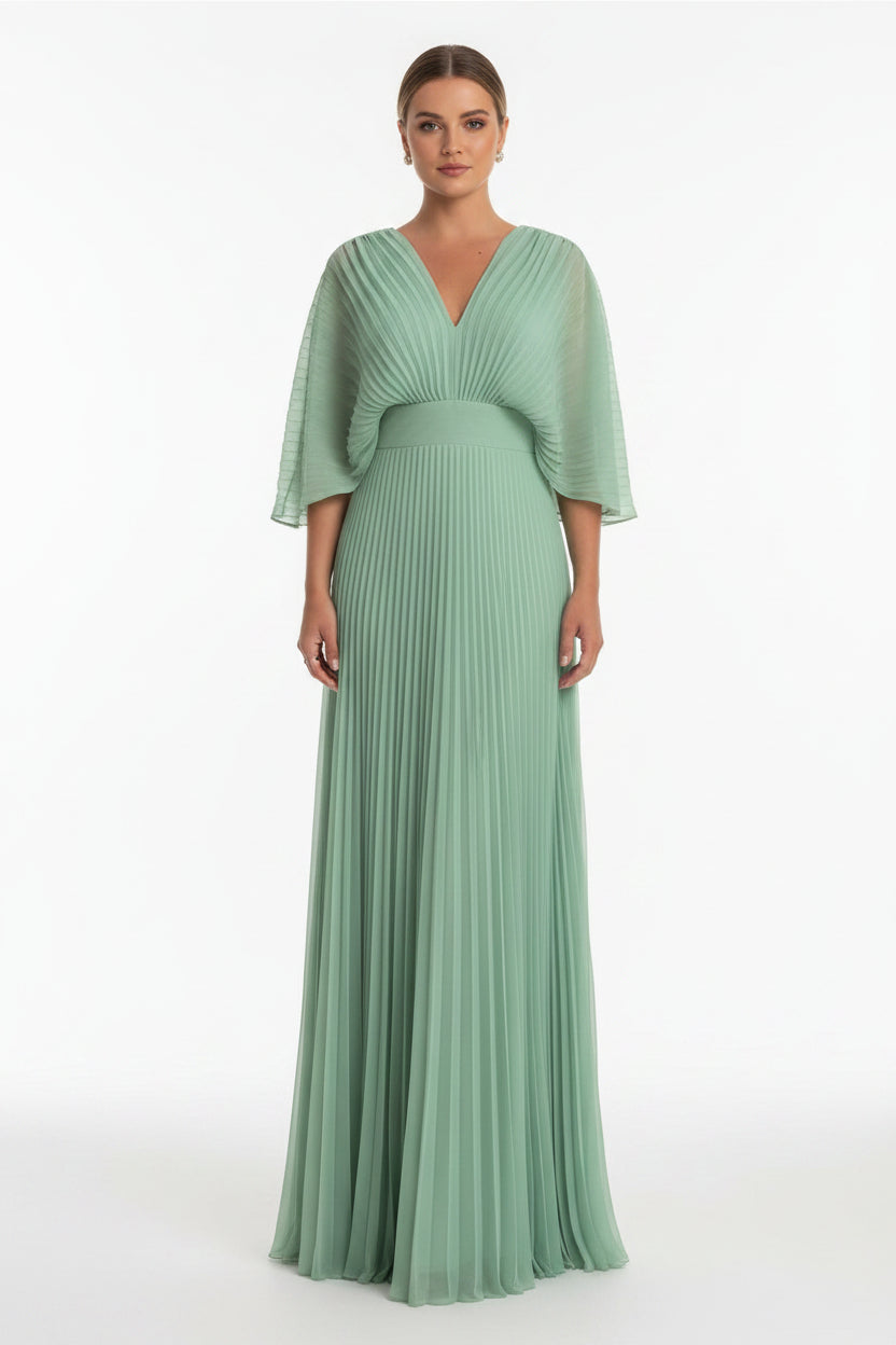 Robe Longue Plissée Col V Manches 3/4 5 Coloris Grande Taille | ROBEMODE
