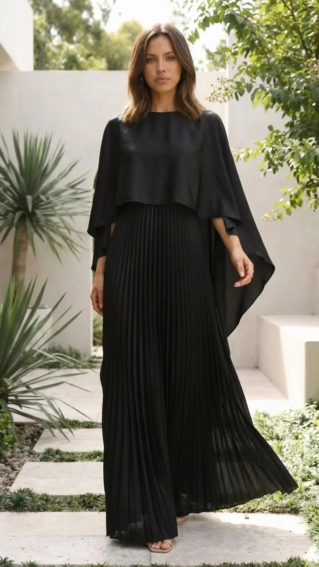 Robe longue femme plissée manches cape | ROBEMODE