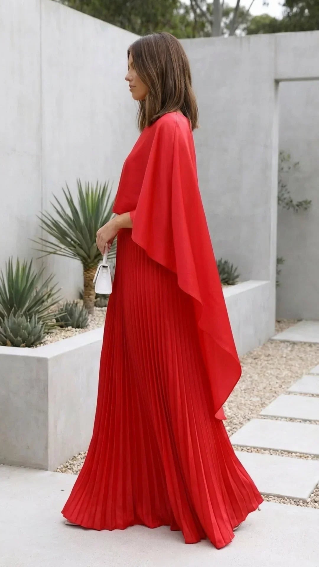 Robe longue femme plissée manches cape | ROBEMODE