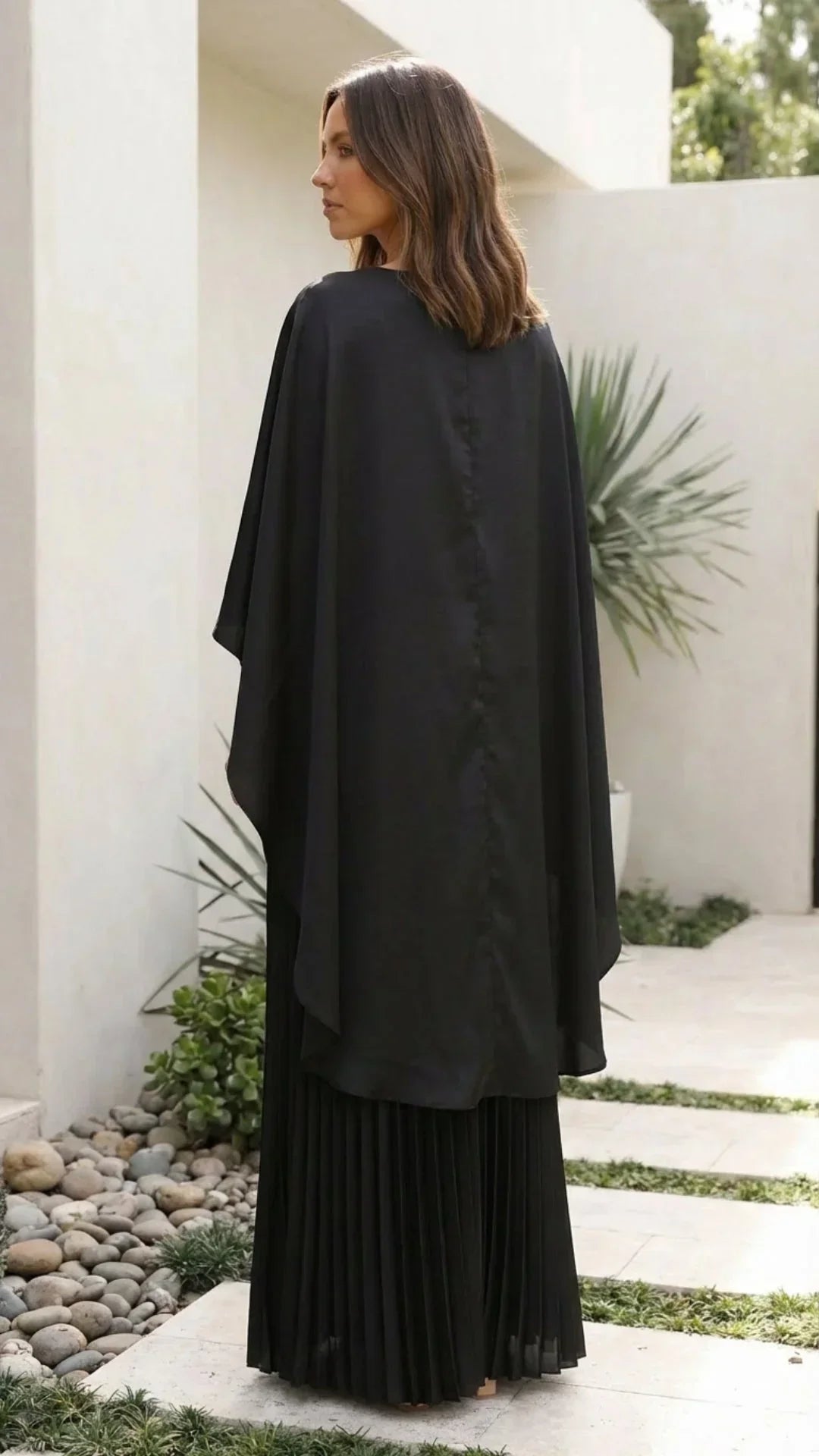 Robe longue femme plissée manches cape | ROBEMODE