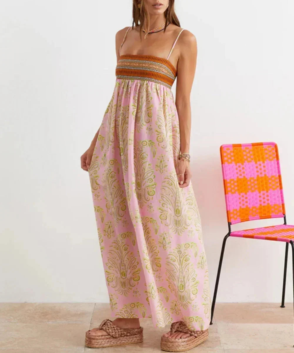 Robe longue femme rose boho à bretelles motifs été | Coupe féminine + Style élégant + Facile à accessoiriser – ROBEMODE
