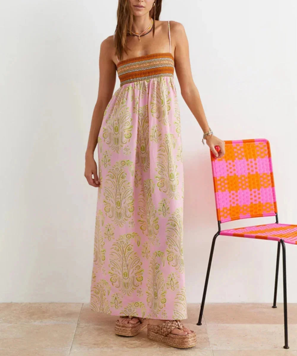 Robe longue femme rose boho à bretelles motifs été | Coupe féminine + Style élégant + Facile à accessoiriser – ROBEMODE