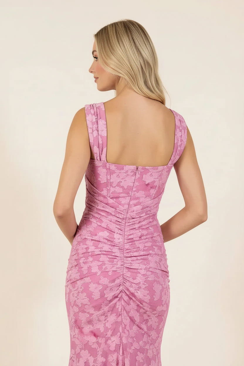 Robe longue rose drapée fleurie femme | ROBEMODE