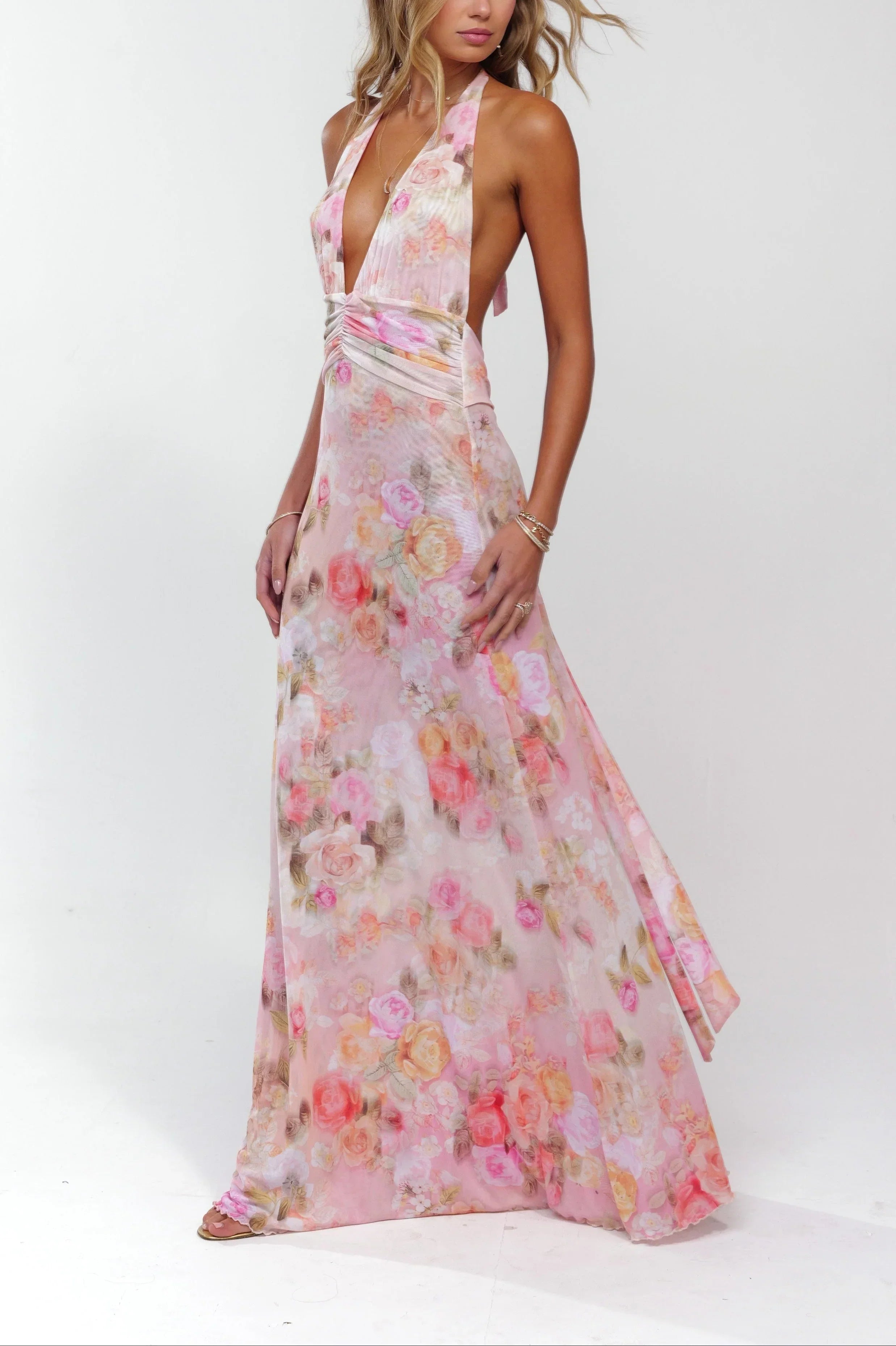 Robe longue rose fleurie dos nu femme | ROBEMODE